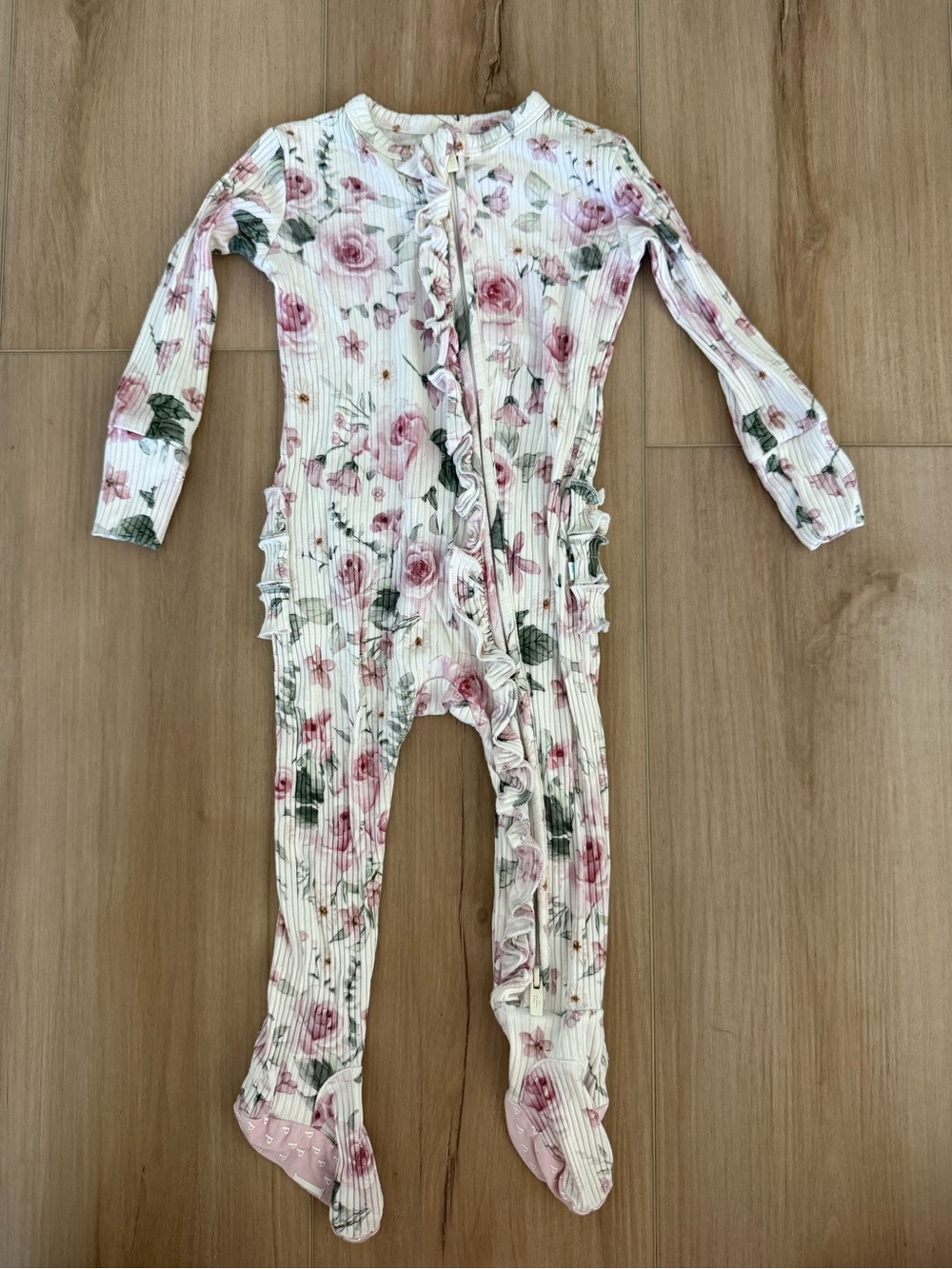 Posh Peanut 6-9 mo Floral Ruffle Zip-Front Baby One-Piece - Pink & White